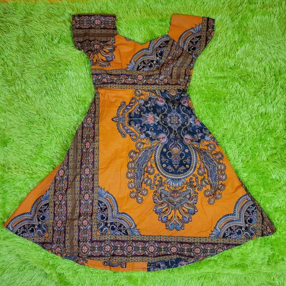 Handmade Orange Patterned Aline Midi Dress - Picture 3 of 4